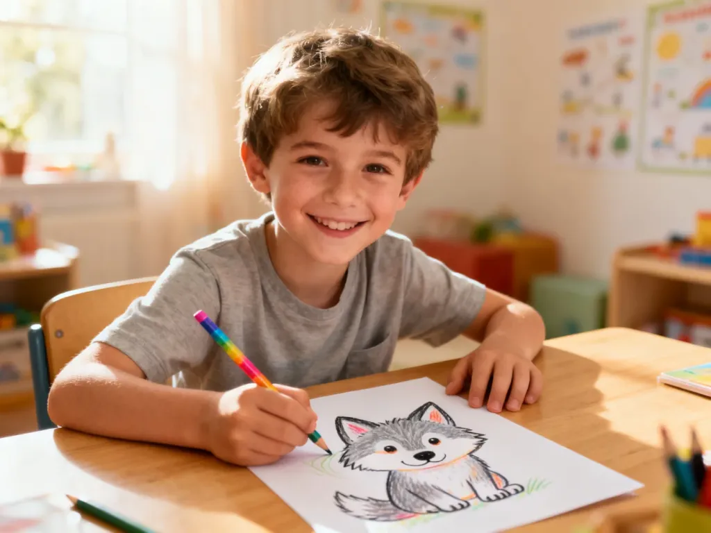 Uśmiechnięty chłopiec rysuje kredkami wilka na kartce papieru, siedząc przy biurku w przytulnym pokoju.