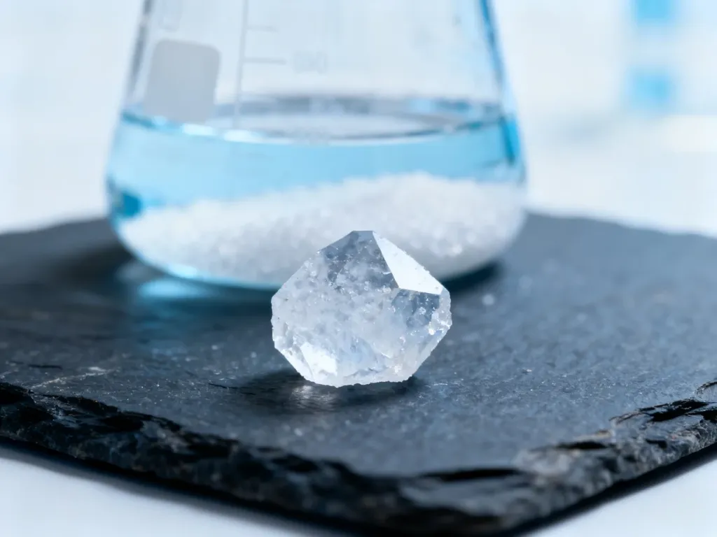 Pojedynczy, przezroczysty kryształ soli na ciemnym tle, obok zlewki z roztworem w warunkach laboratoryjnych.