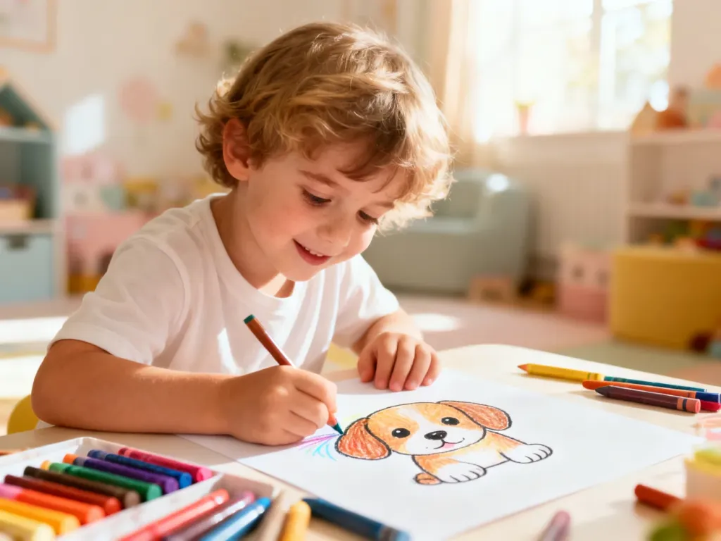 Dziecko z radością rysuje kolorowymi kredkami szczeniaka na kartce papieru w przytulnym pokoju zabaw.