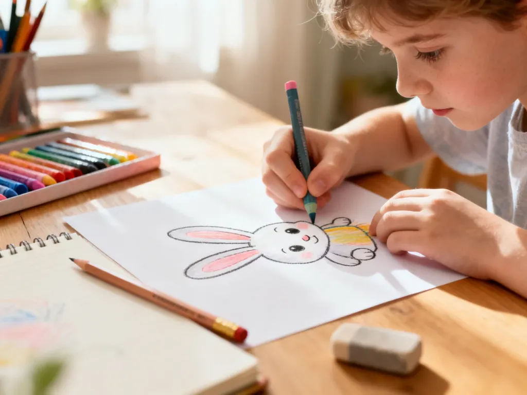 Dziecięce dłonie rysujące kredkami uroczego królika na kartce papieru, leżącej na biurku z przyborami do rysowania.