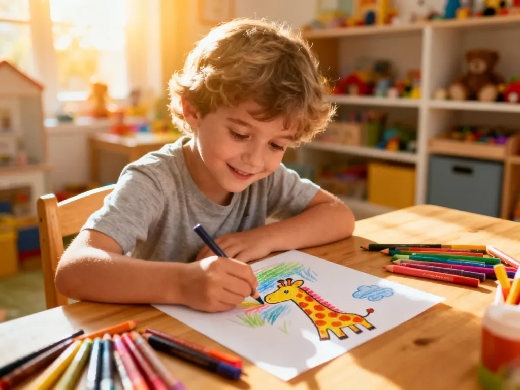 Dziecko z radością rysuje kolorową żyrafę kredkami przy drewnianym stole w przytulnym pokoju zabaw.