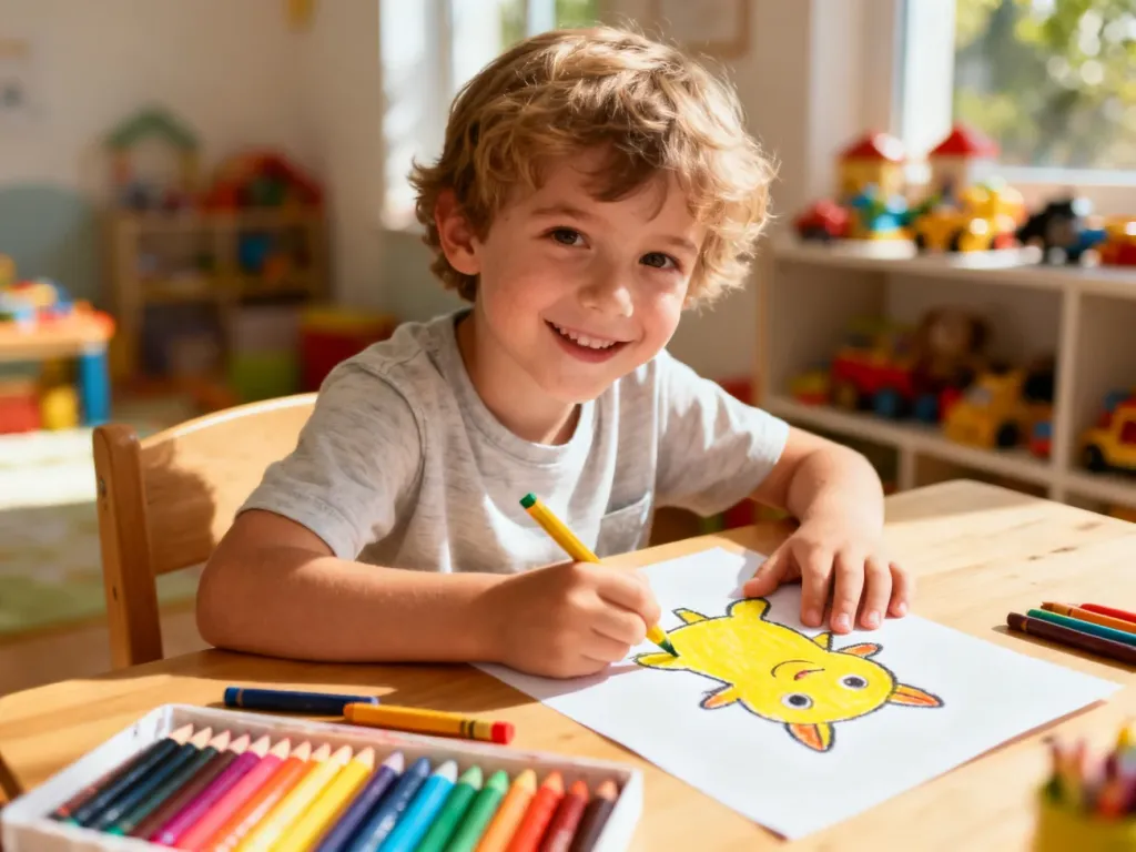 Dziecko z zaangażowaniem rysuje kredkami Pikachu przy biurku w przytulnym pokoju zabaw.