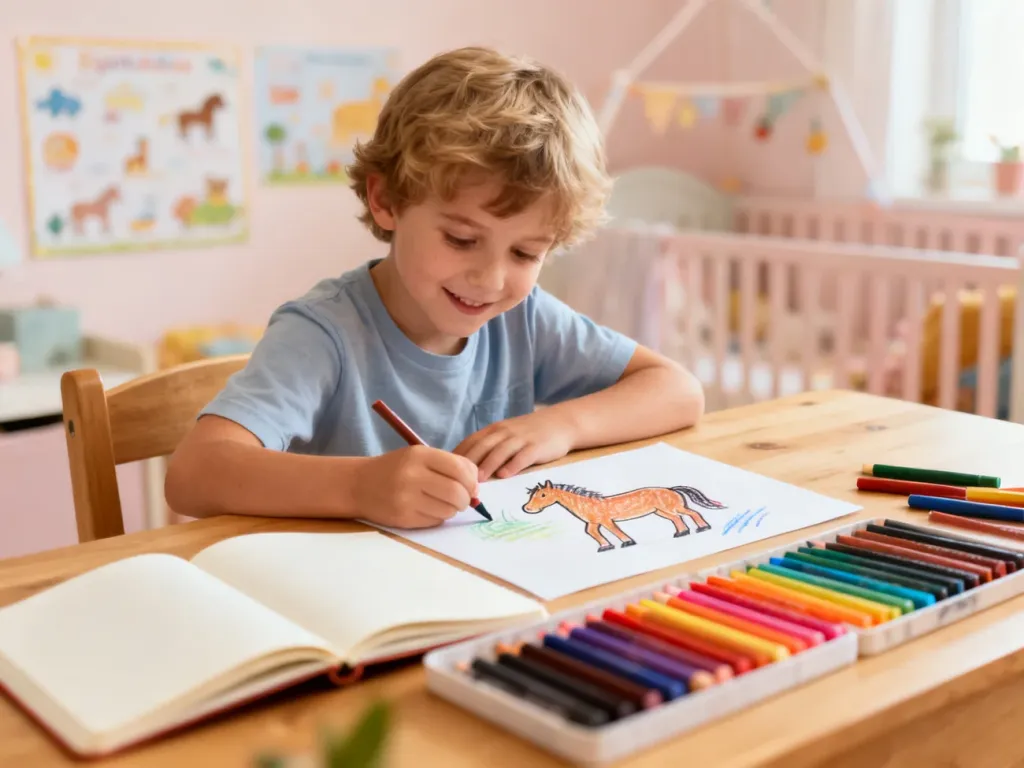 Dziecko rysuje konia kredkami na kartce papieru przy drewnianym biurku w przytulnym pokoju.