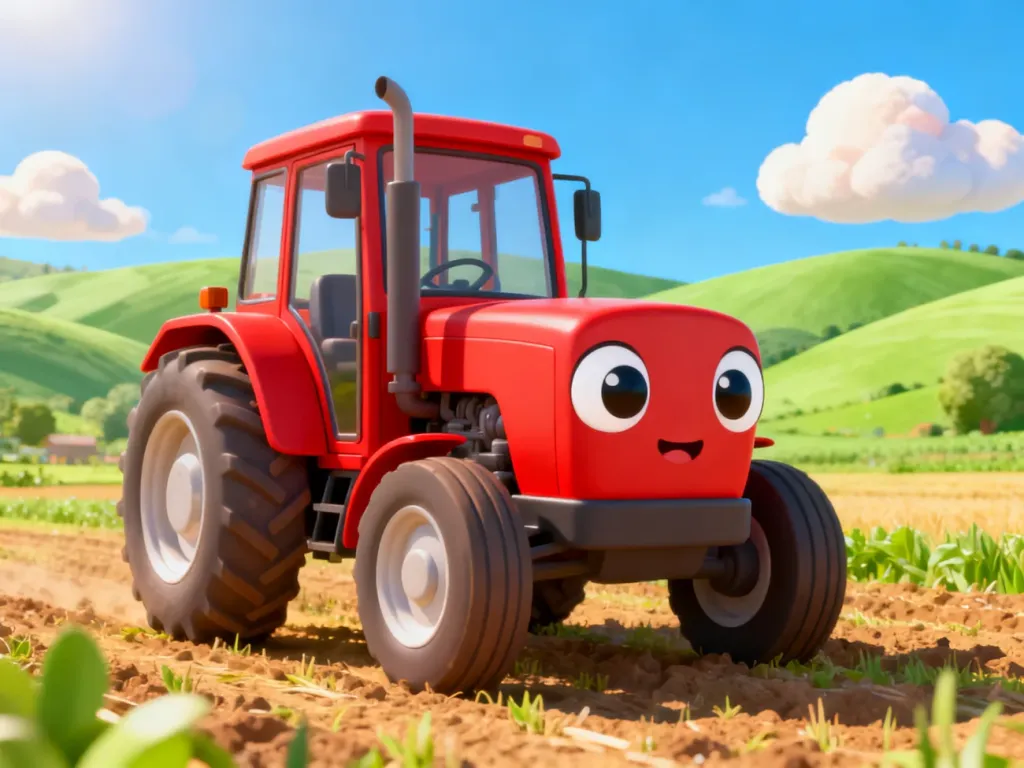 Wesoły, kolorowy traktor w stylu kreskówkowym na tle słonecznego pola, idealny jako inspiracja do rysowania dla dzieci.
