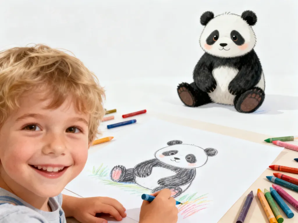 Dziecko z uśmiechem rysuje kolorowymi kredkami pandę na dużej kartce papieru, realizując prostą instrukcję rysowania.