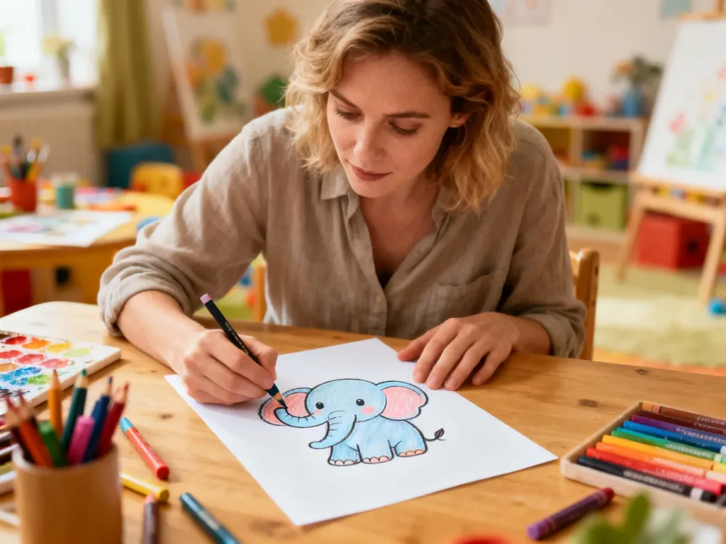 Kobieta rysuje kredkami słonia na kartce papieru przy drewnianym stole w przytulnym pokoju dziecięcym.