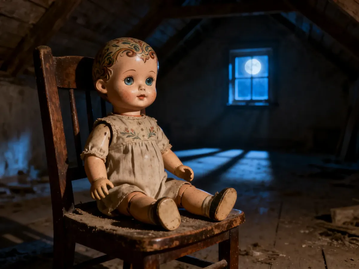 Stara porcelanowa lalka siedząca na drewnianym krześle w mrocznym, zakurzonym strychu, budząca niepokój swoim spojrzeniem.