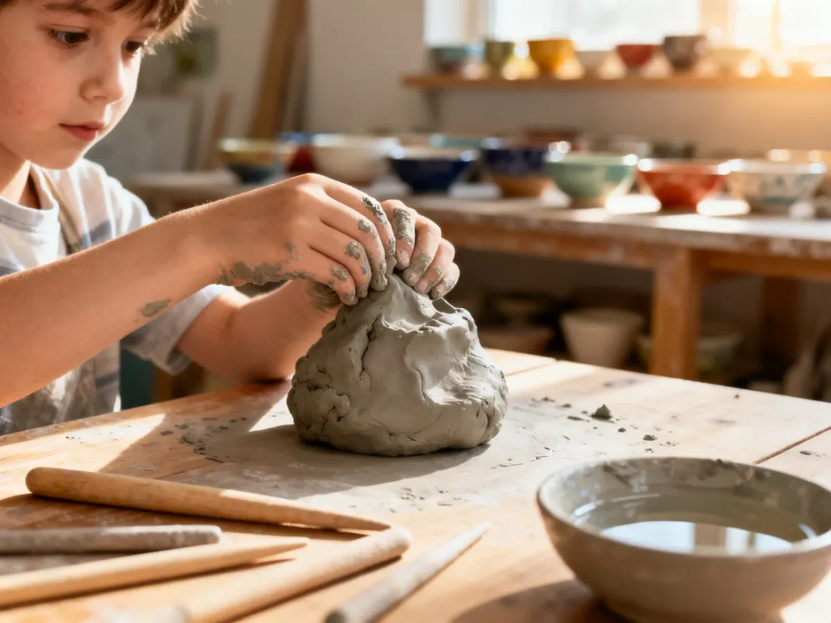 Dziecięce dłonie lepiące figurkę z gliny w otoczeniu narzędzi ceramicznych w przytulnej pracowni plastycznej.