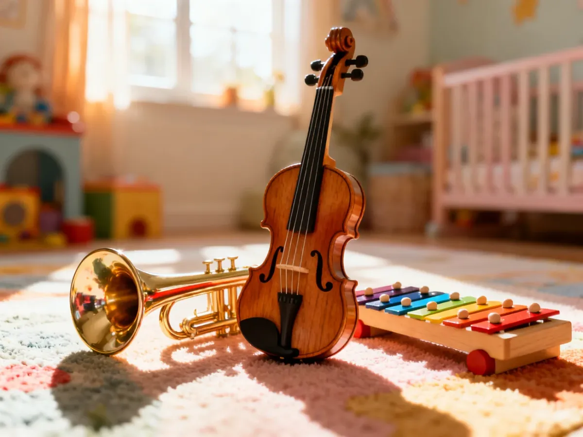 Kolorowe instrumenty muzyczne, takie jak skrzypce, trąbka i ksylofon, ułożone na miękkim dywanie w przytulnym pokoju dziecięcym.