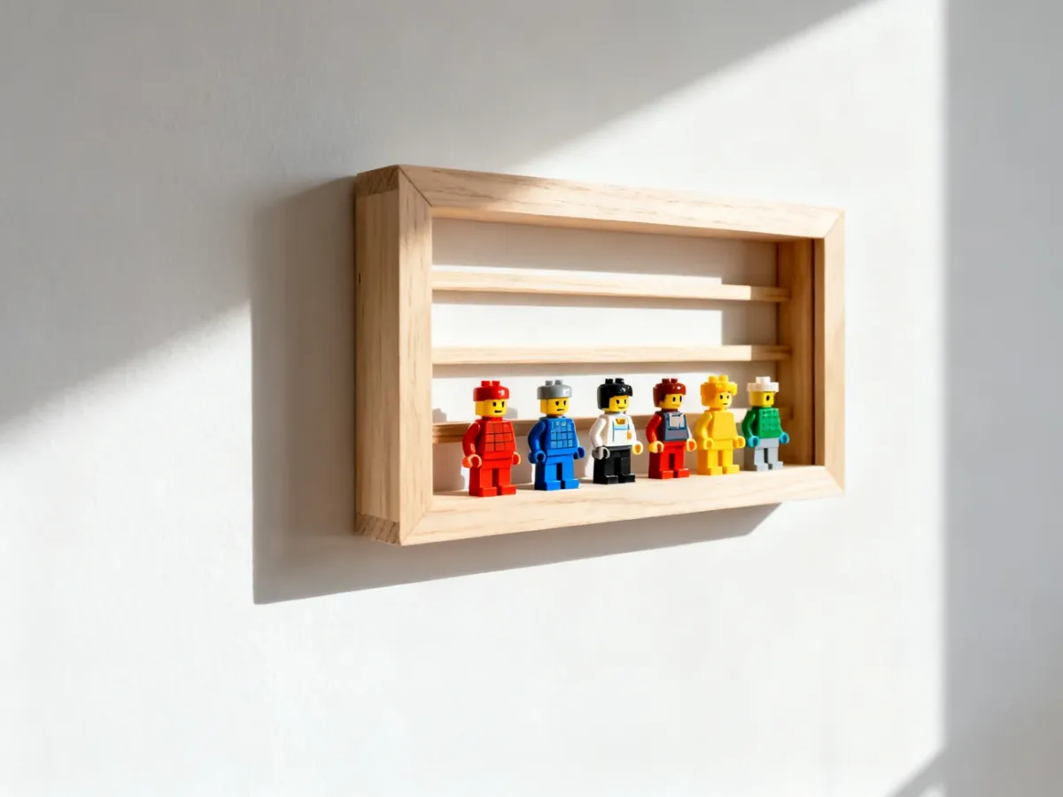 Drewniana ramka z półkami na ścianie, na której równo ustawiono kolorowe figurki LEGO.