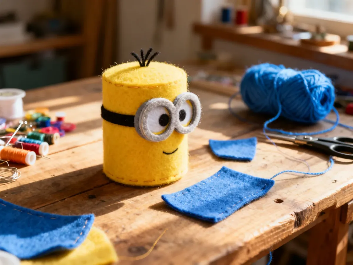 Proces tworzenia ręcznie robionego minionka z filcu na drewnianym stole w otoczeniu akcesoriów krawieckich.