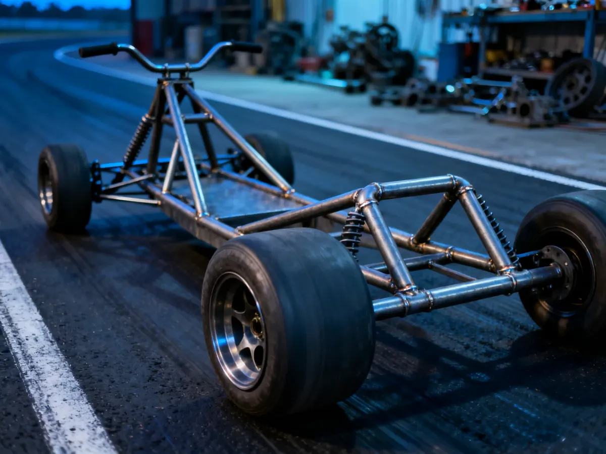 Rama drift trike'a z surowej stali oraz gładkie tylne koła na asfaltowym torze, gotowe do jazdy.