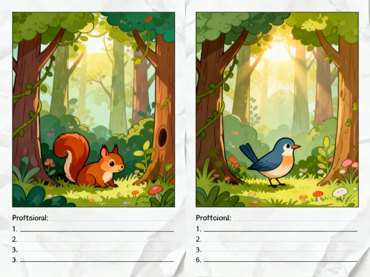 Kolorowa karta pracy z magicznym lasem, na której dzieci mają za zadanie odnaleźć różnice między dwoma ilustracjami.