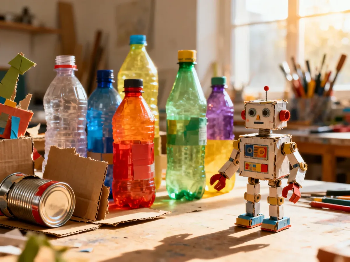 Ręcznie wykonany robot z plastikowych butelek i puszek, prezentujący kreatywne wykorzystanie odpadów w sztuce.